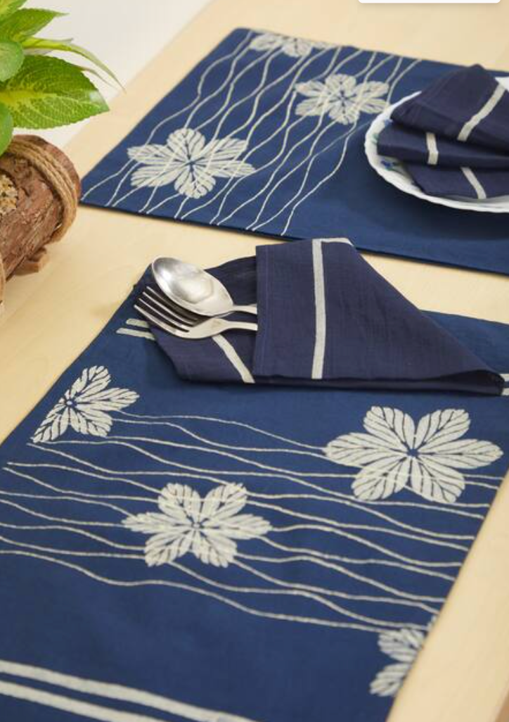 Rangoli Blossom Wave Navy Table Mat Sets with Napkins