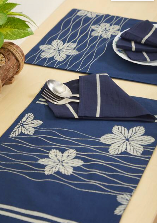 Rangoli Blossom Wave Navy Table Mat Sets with Napkins