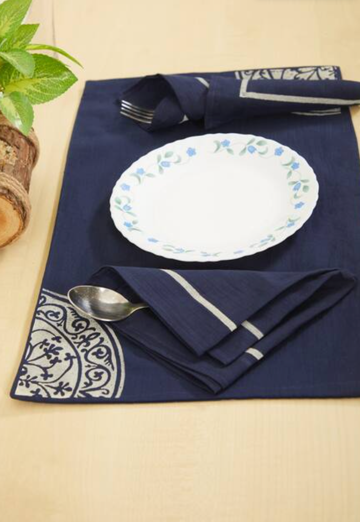 Rangole Navy Blue Table Mat Sets with Napkins