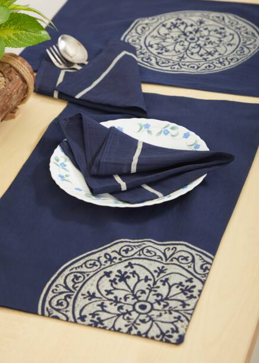 Rangoli Round Navy Blue Table Mat Sets with Napkins