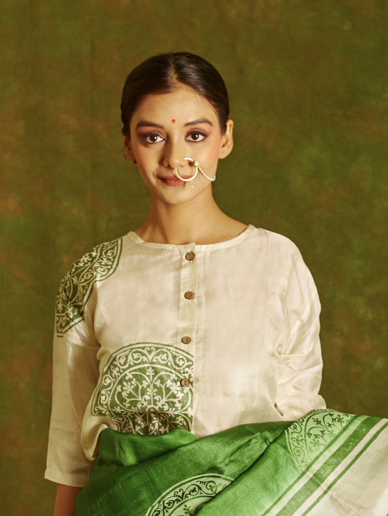 White- Green Tussar Blouse with Lining