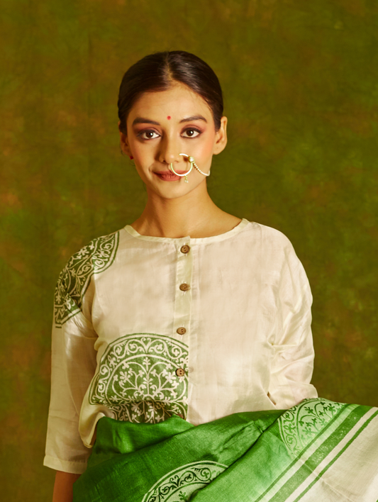 White- Green Tussar Blouse with Lining