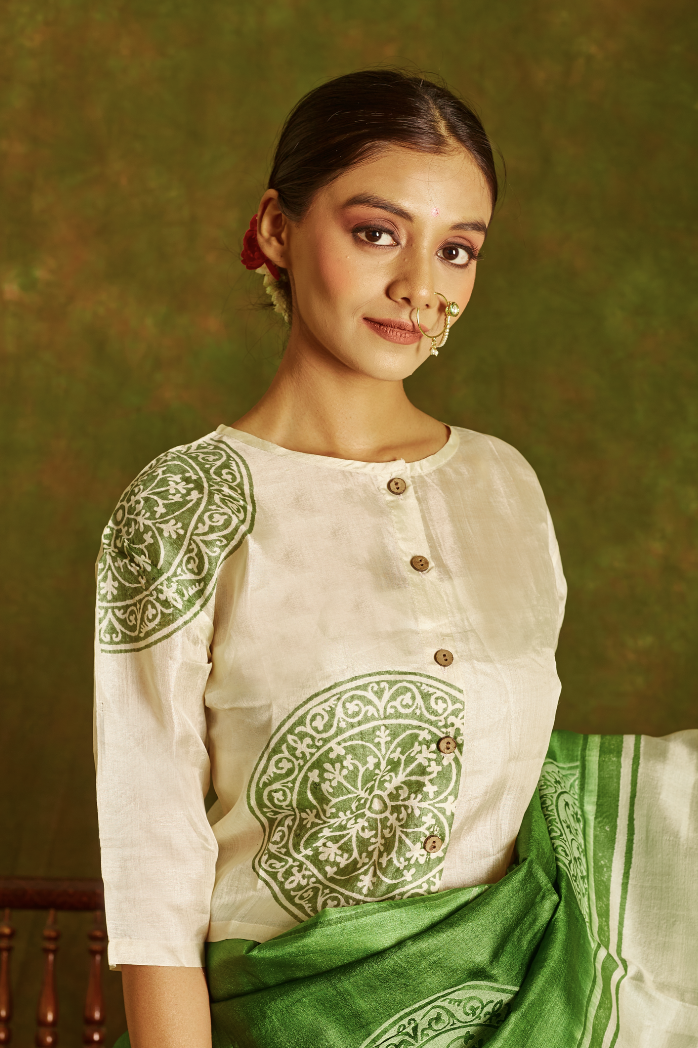 White- Green Tussar Blouse with Lining