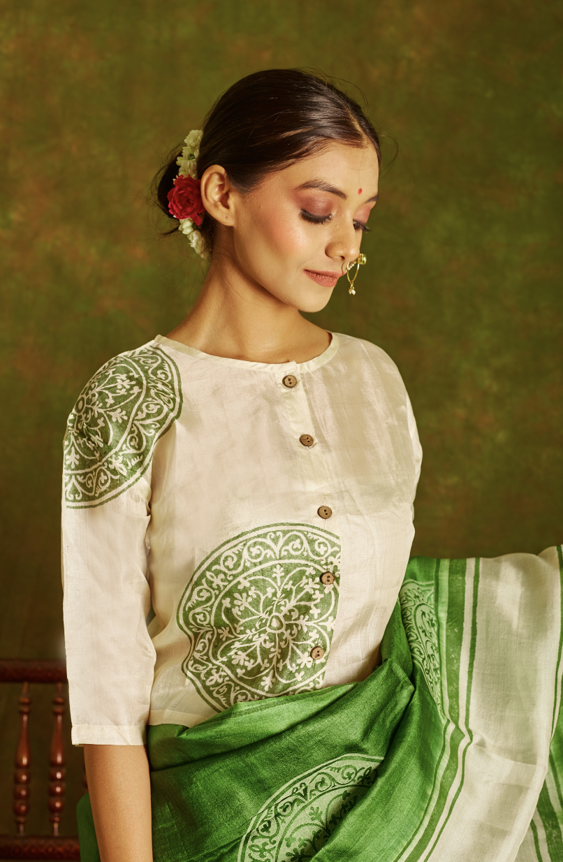 White- Green Tussar Blouse with Lining