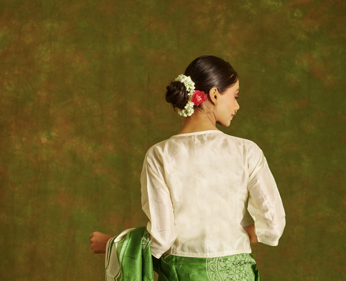 White- Green Tussar Blouse with Lining