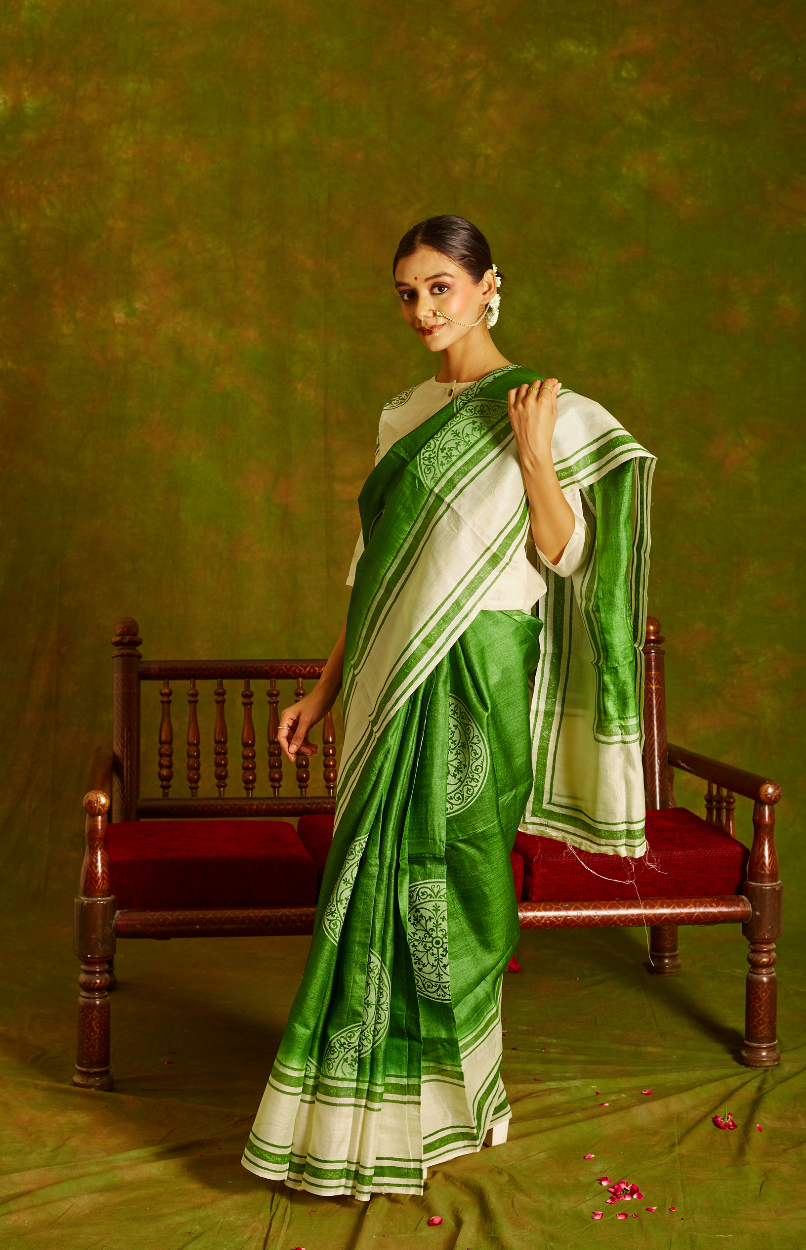 White- Green Tussar Blouse with Lining