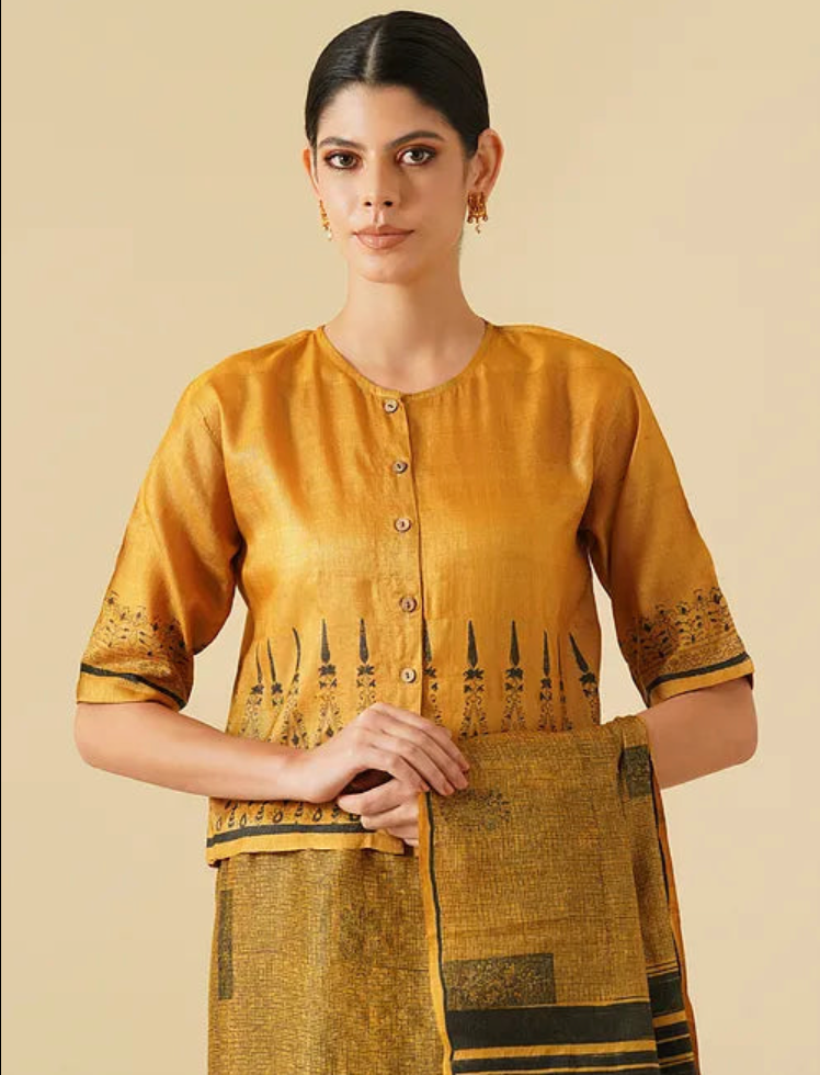 Mustard Block Printed Tussar Blouse