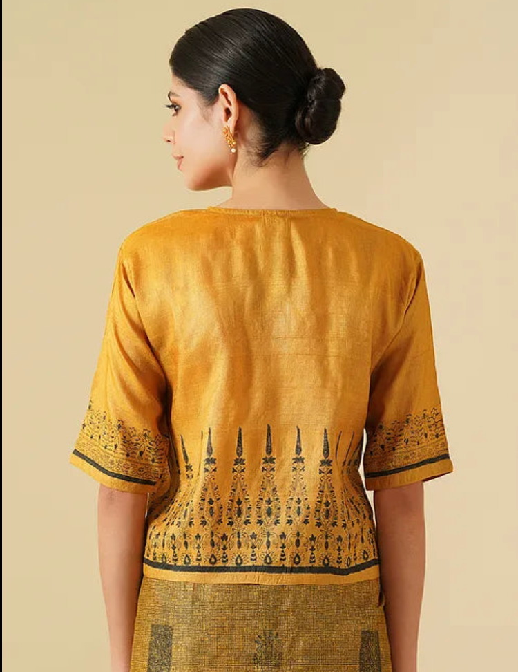 Mustard Block Printed Tussar Blouse