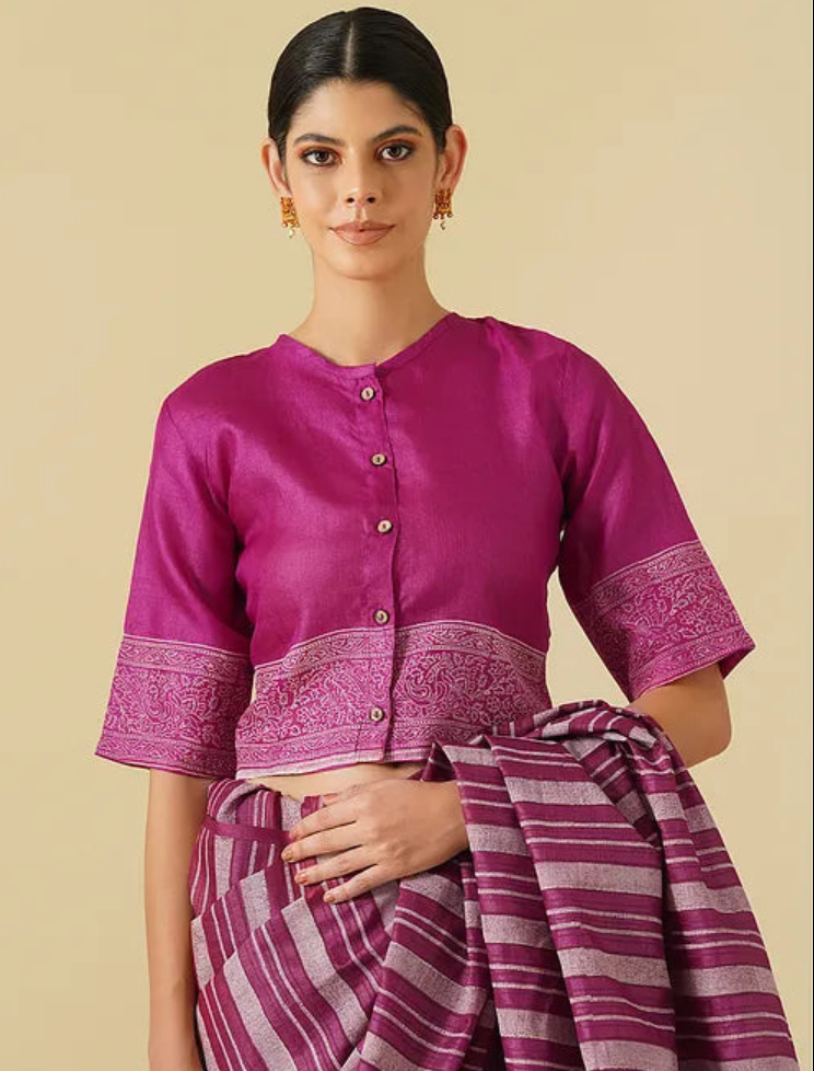 Magenta Block Printed Tussar Blouse with Lining