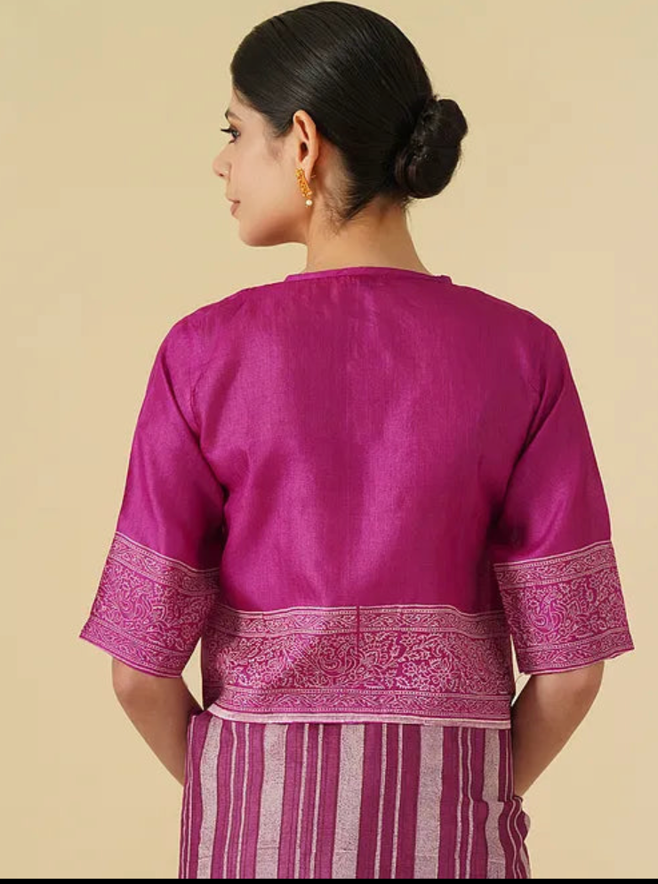 Magenta Block Printed Tussar Blouse with Lining