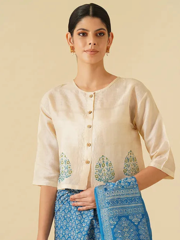 White Printed Tussar Blouse with Lining