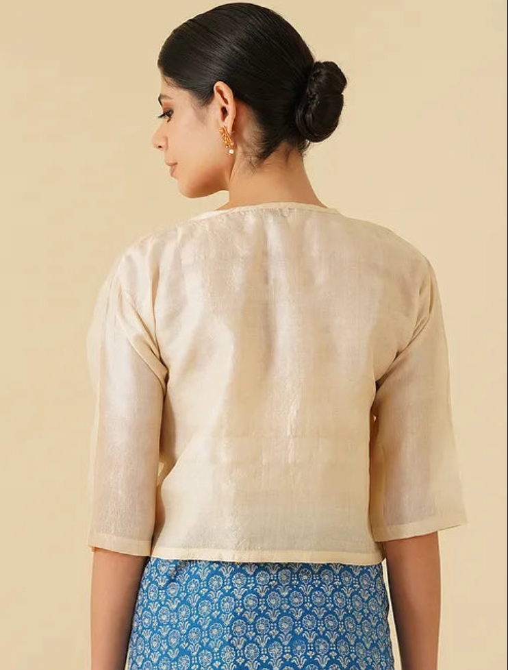 White Printed Tussar Blouse with Lining