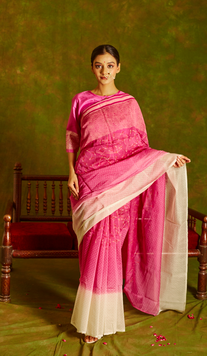 Noori Chanderi Pink Ombre Saree