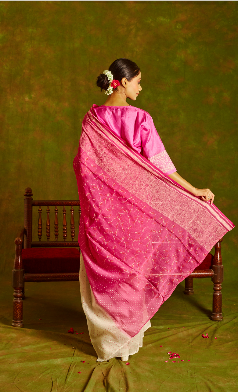 Noori Chanderi Pink Ombre Saree