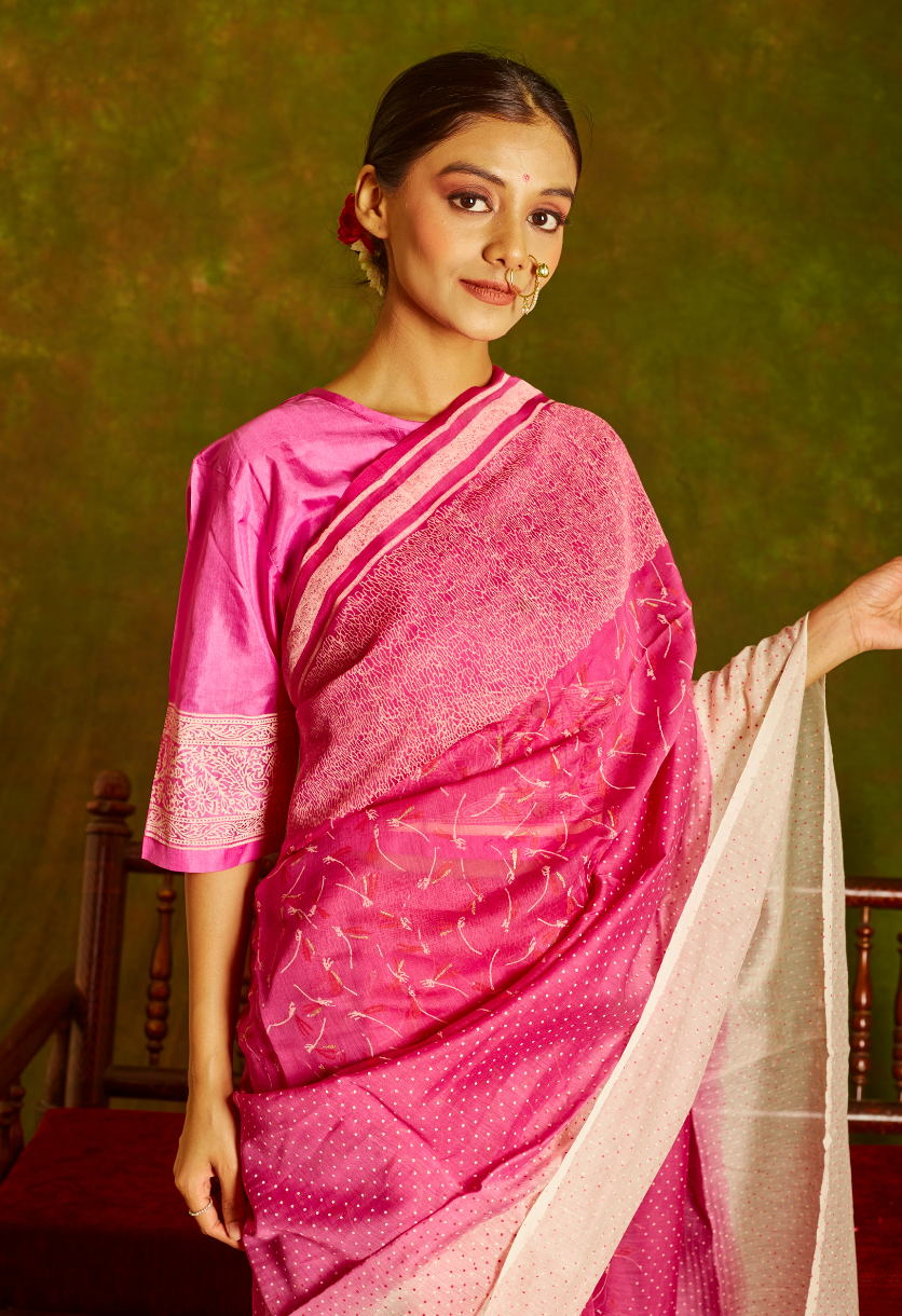 Noori Chanderi Pink Ombre Saree