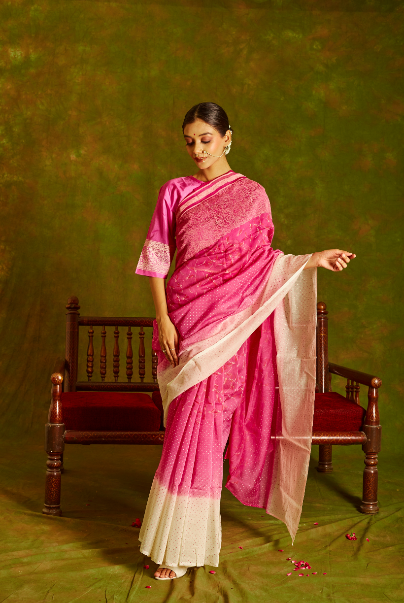 Noori Chanderi Pink Ombre Saree