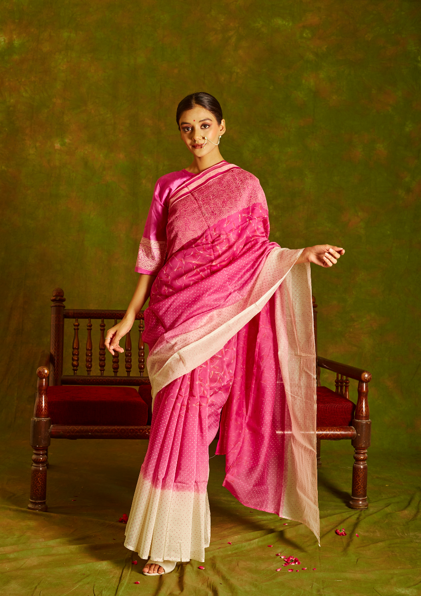 Noori Chanderi Pink Ombre Saree