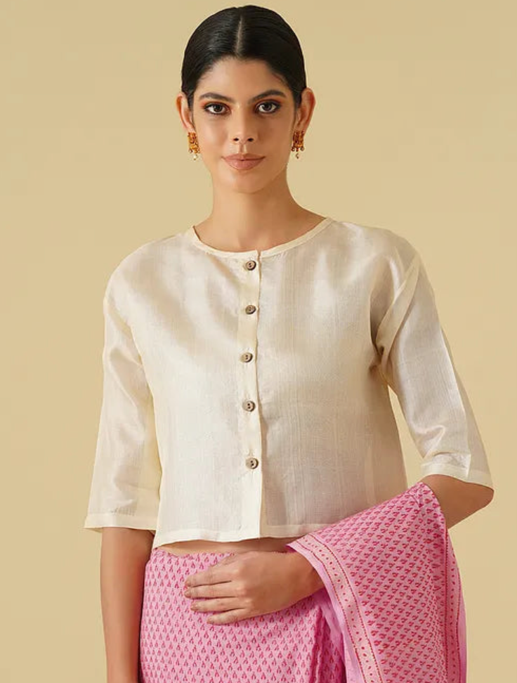 Off White Tussar Blouse With Wooden Button