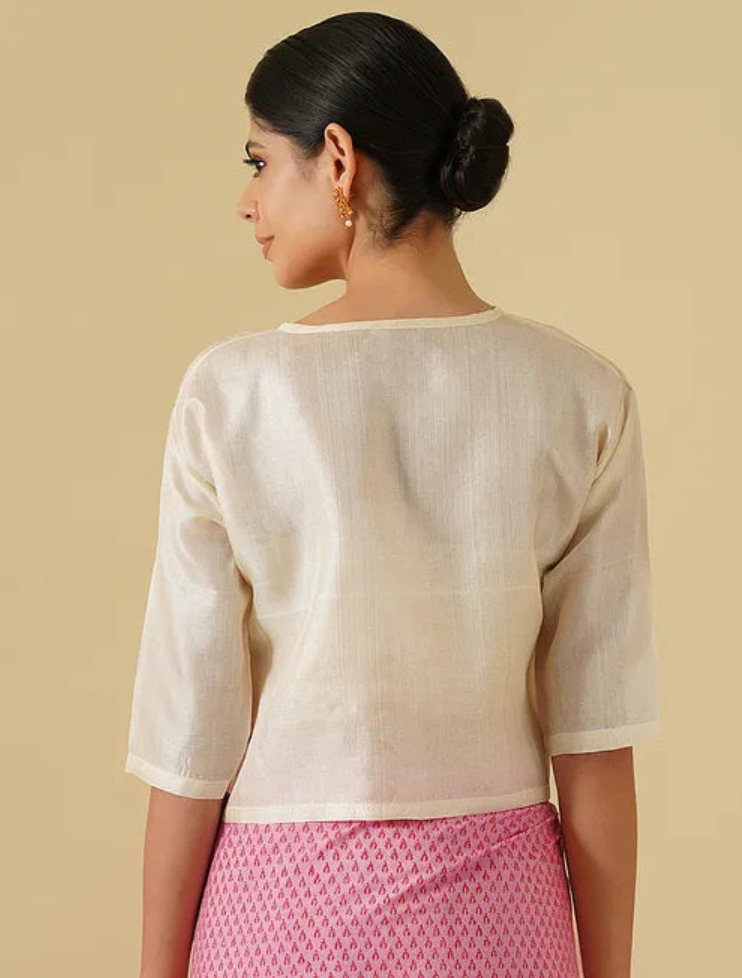 Off White Tussar Blouse With Wooden Button