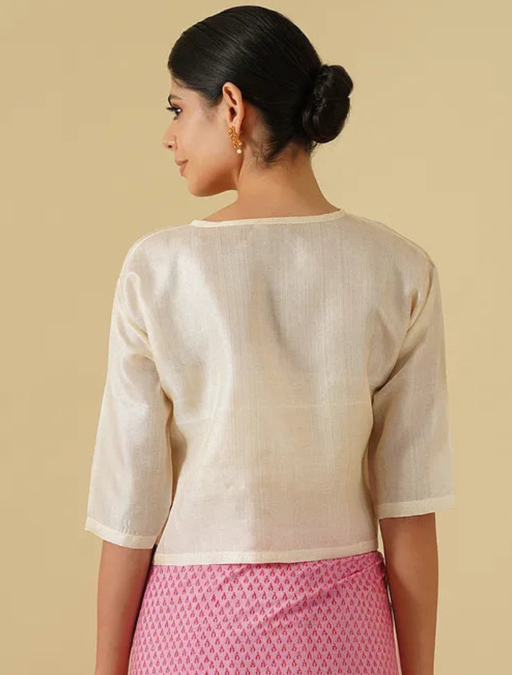 Off White Tussar Blouse With Wooden Button