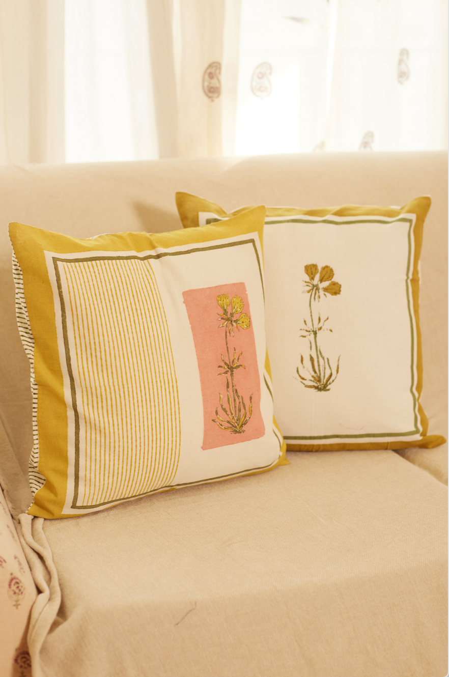 Rangoli  Buta Yellow - Pink Cushion Covers (Set of 2)