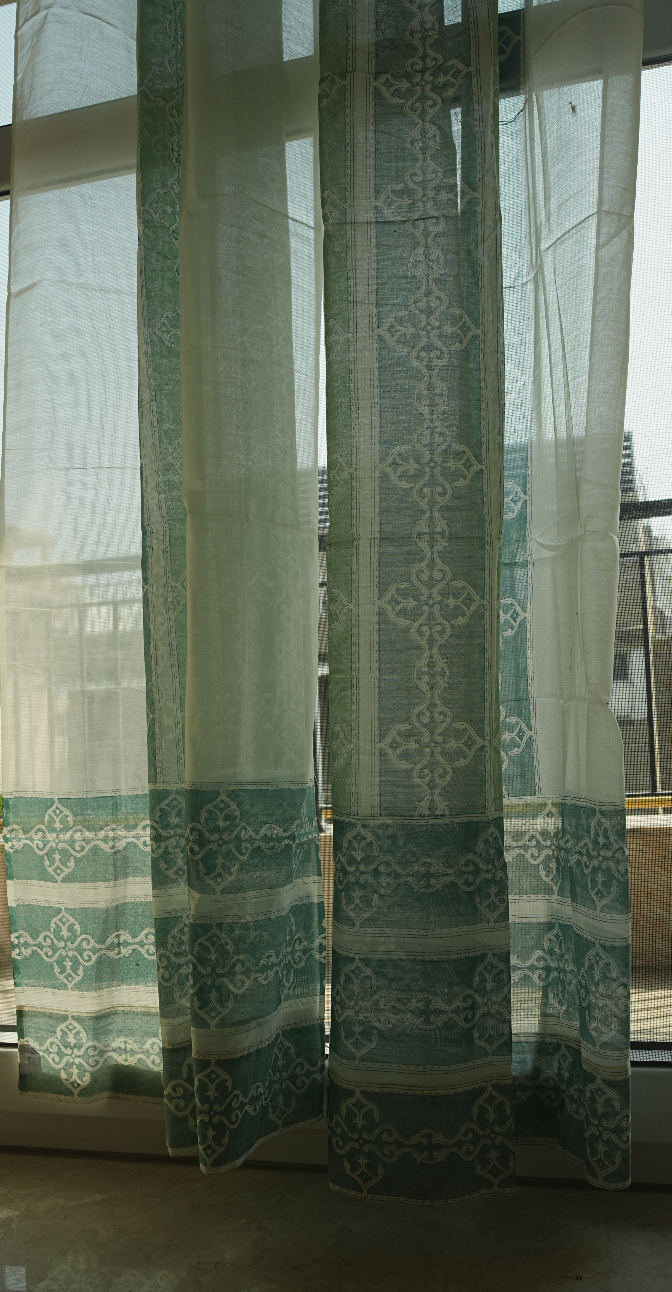 Pal Border Aqua Chanderi Curtains (Set of 2)