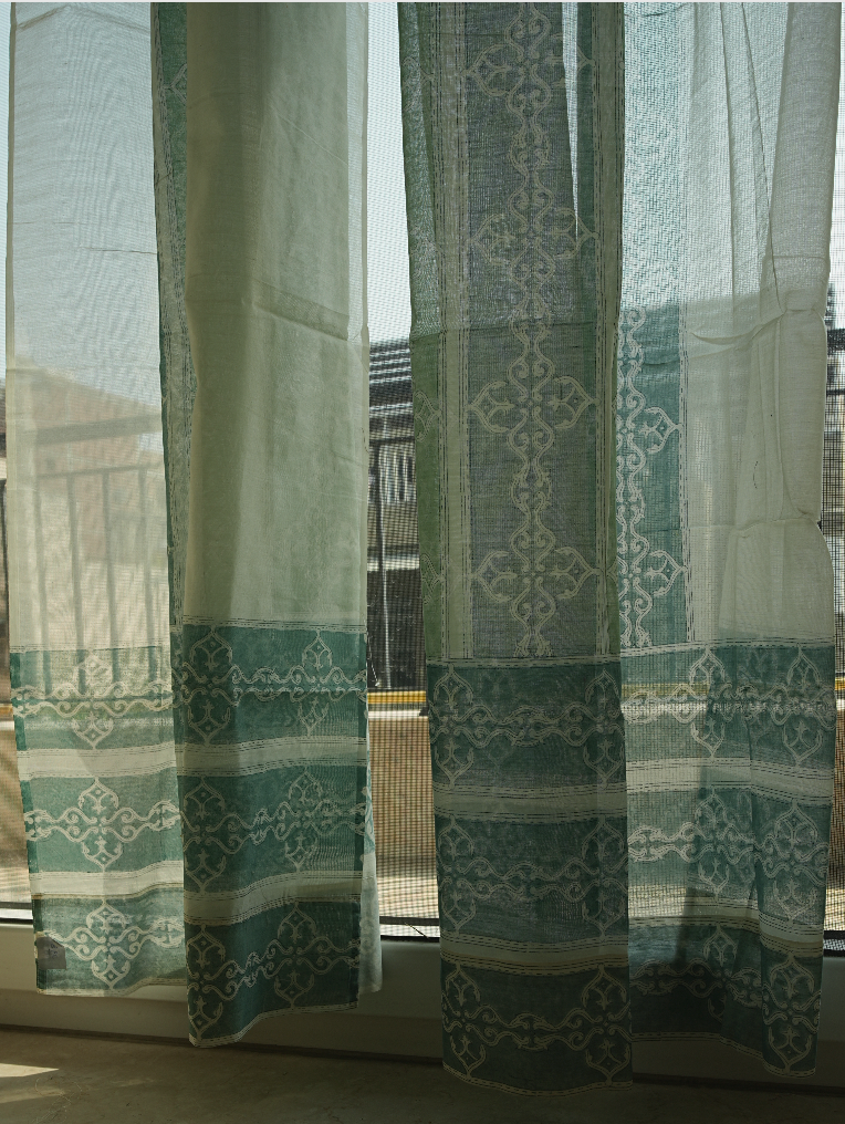 Pal Border Aqua Chanderi Curtains (Set of 2)