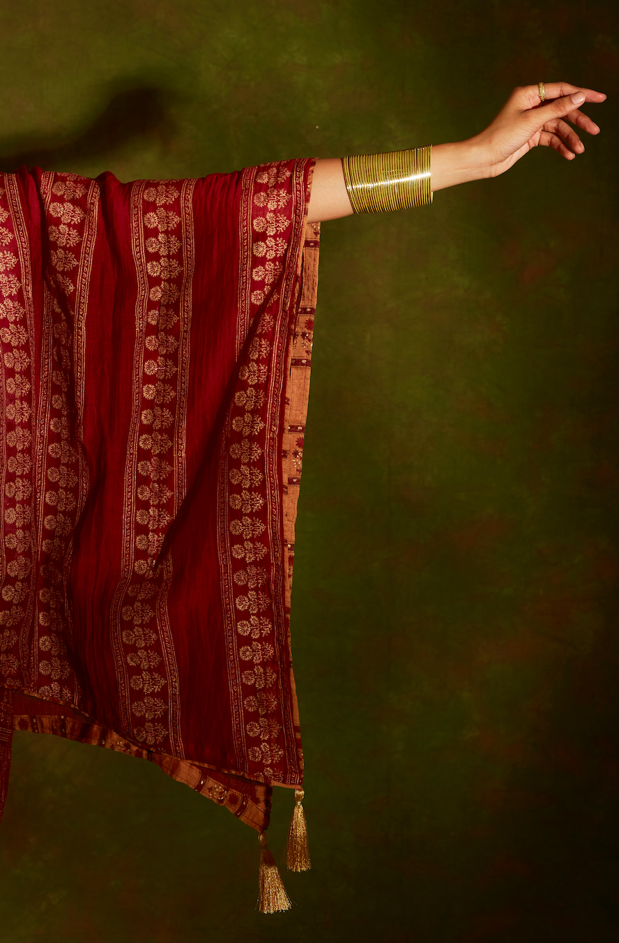 Jashan Surkh Chanderi Kaftan and Pants Coord Set