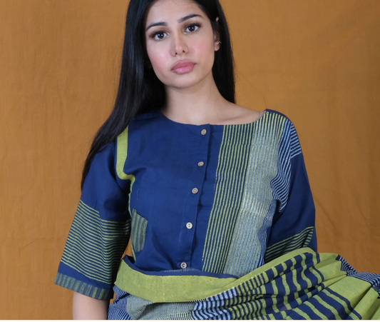 Navy Blue Stripes Block Printed Cotton Blouse