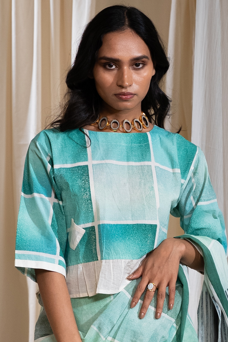 Blue-Green Block Printed Cotton Blouse