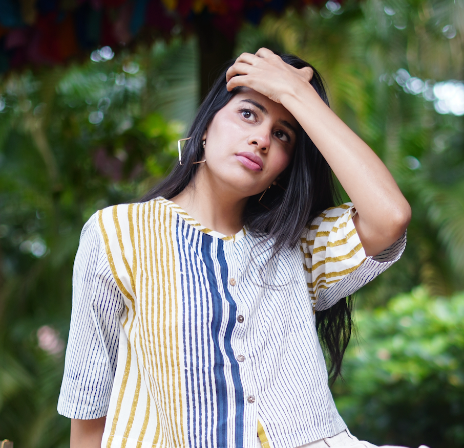 Mustard Stripes Block Printed Cotton Blouse
