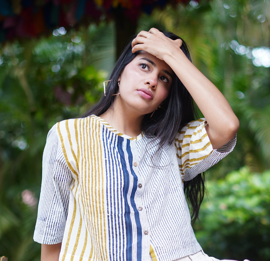 Mustard Stripes Block Printed Cotton Blouse