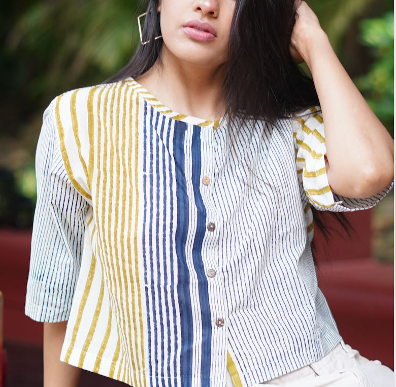 Mustard Stripes Block Printed Cotton Blouse