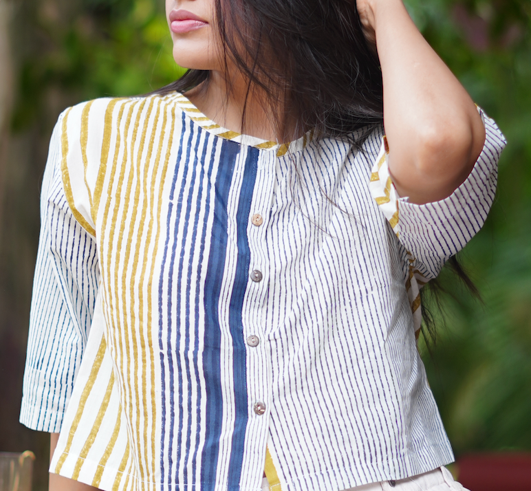 Mustard Stripes Block Printed Cotton Blouse