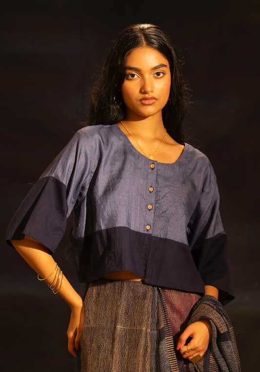 Blue Silk Tussar Blouse With Wooden Button