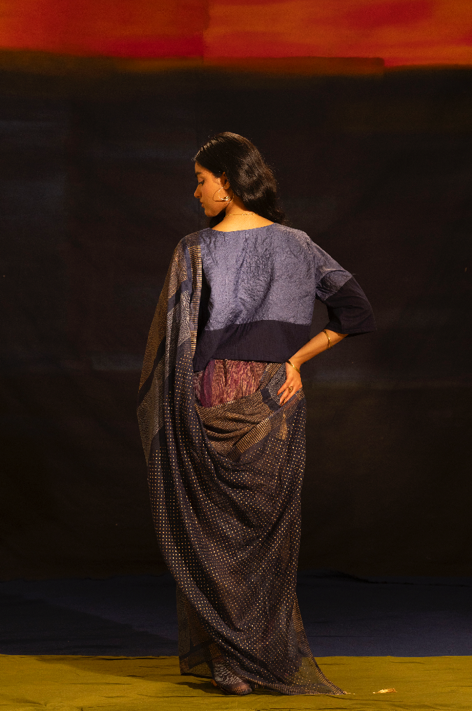 Blue Silk Tussar Blouse With Wooden Button