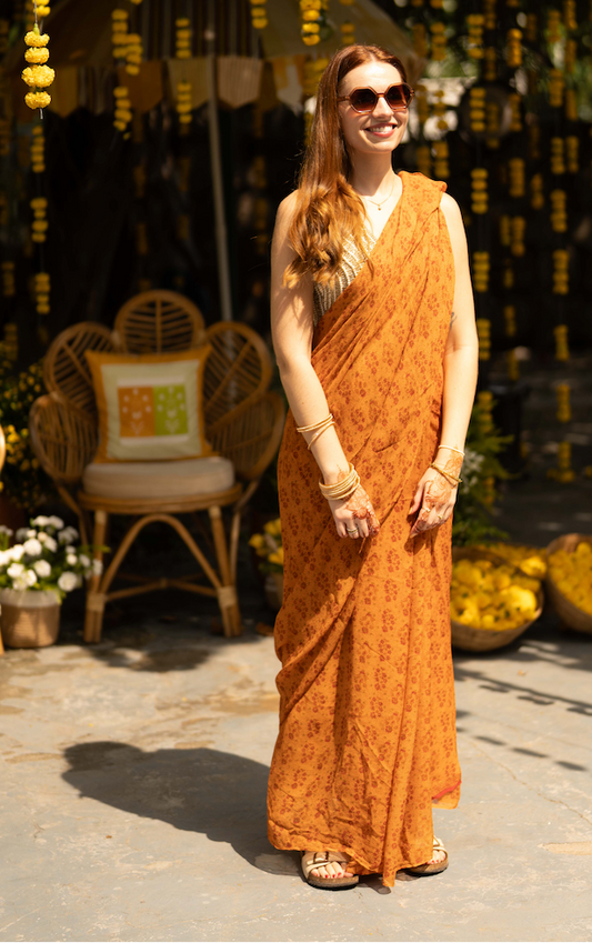Orange Buti Floral Saree