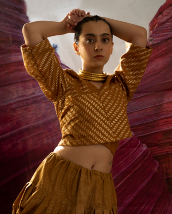 Mustard Zari Tie-Up Blouse Top with lining