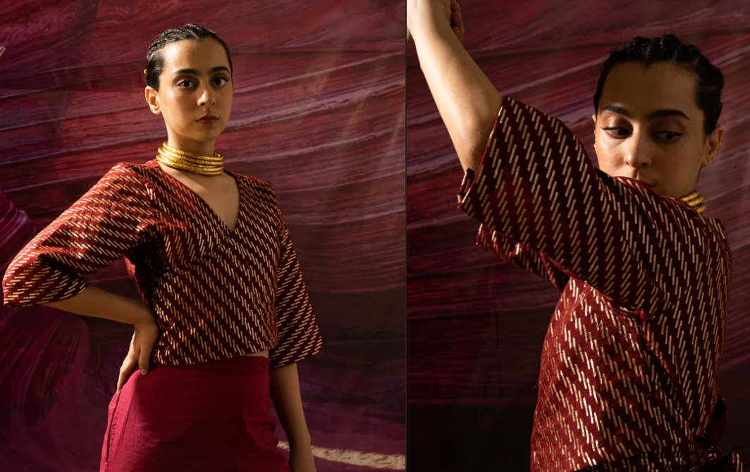 Maroon  Zari Tie-Up Blouse Top with lining