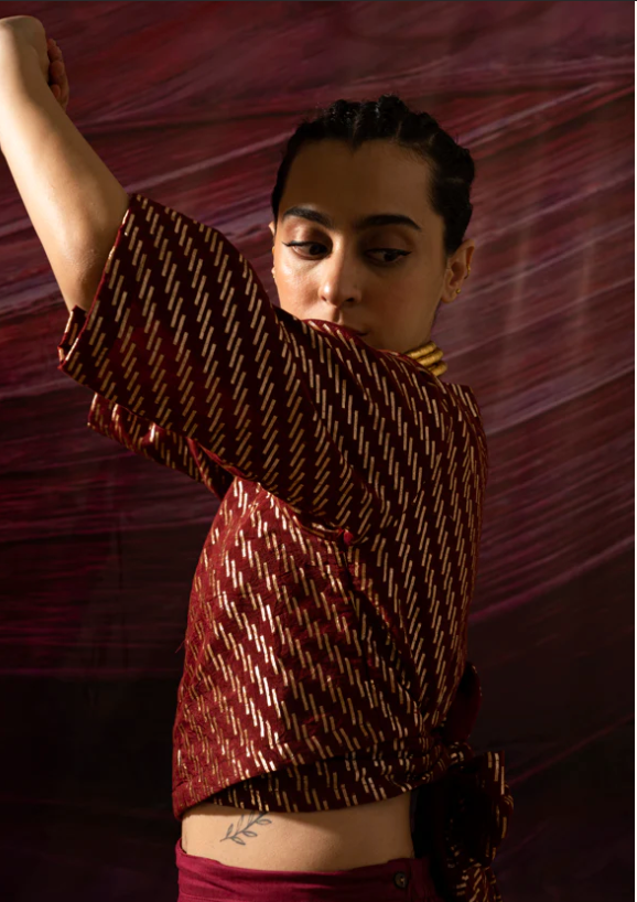 Maroon  Zari Tie-Up Blouse Top with lining