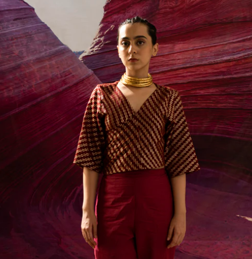 Maroon  Zari Tie-Up Blouse Top with lining