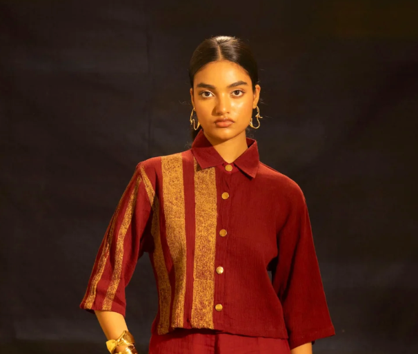 Maroon Textured  Blouse with Gold Button