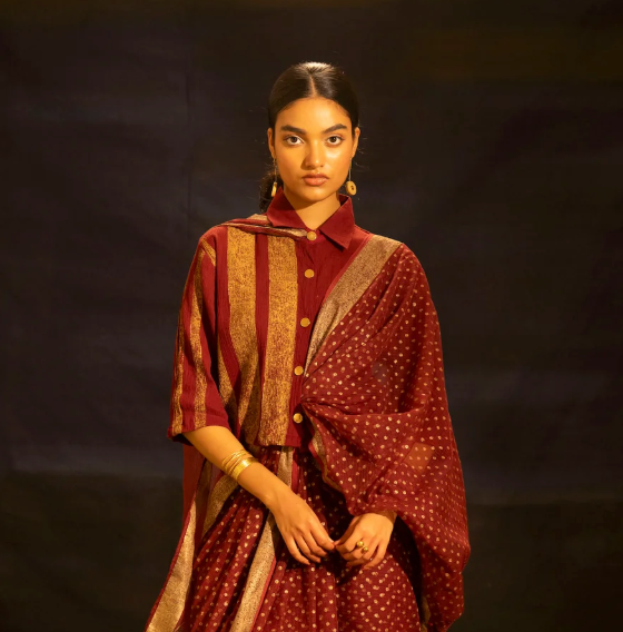 Maroon Textured  Blouse with Gold Button