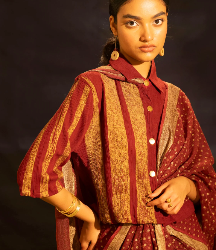 Maroon Textured  Blouse with Gold Button