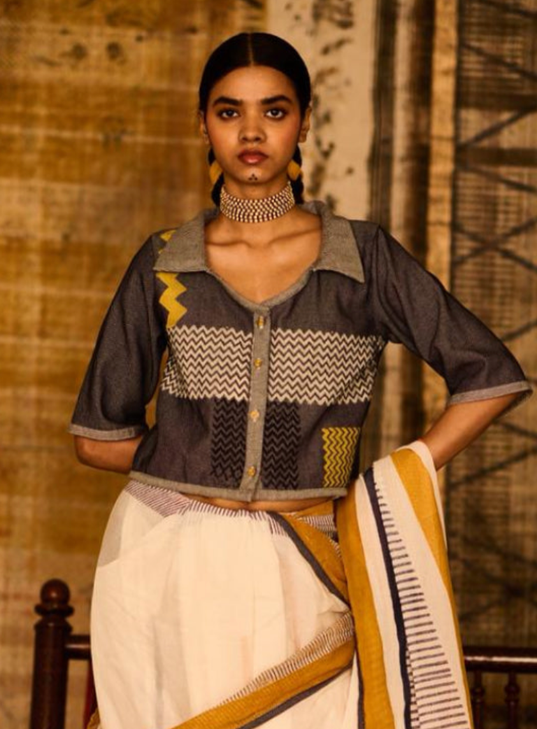 Denim Cotton Geometric Blouse with Collar