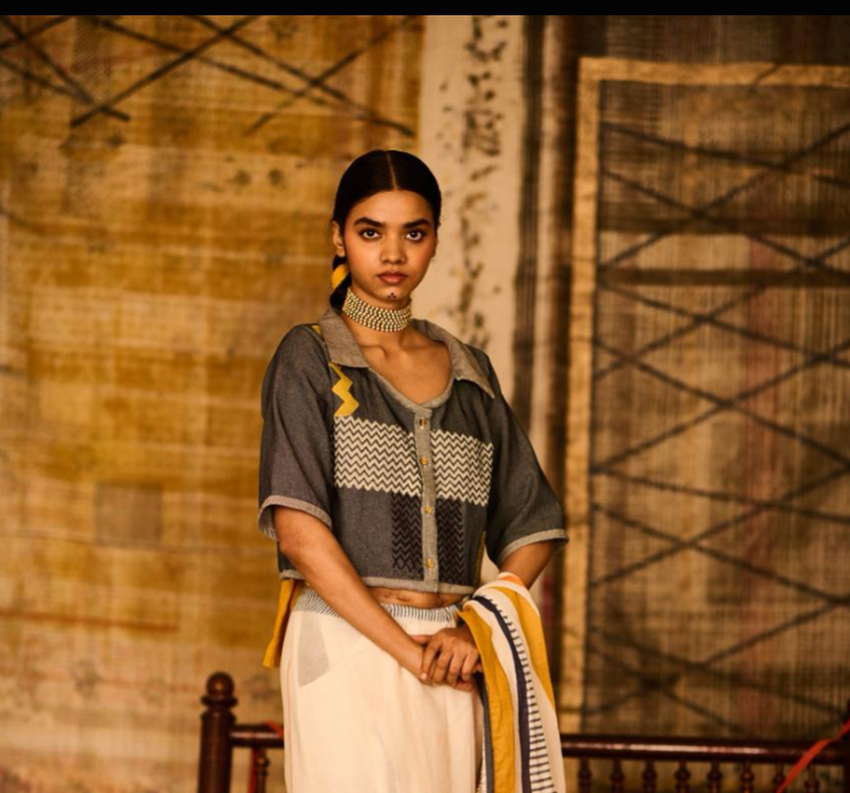 Denim Cotton Geometric Blouse with Collar