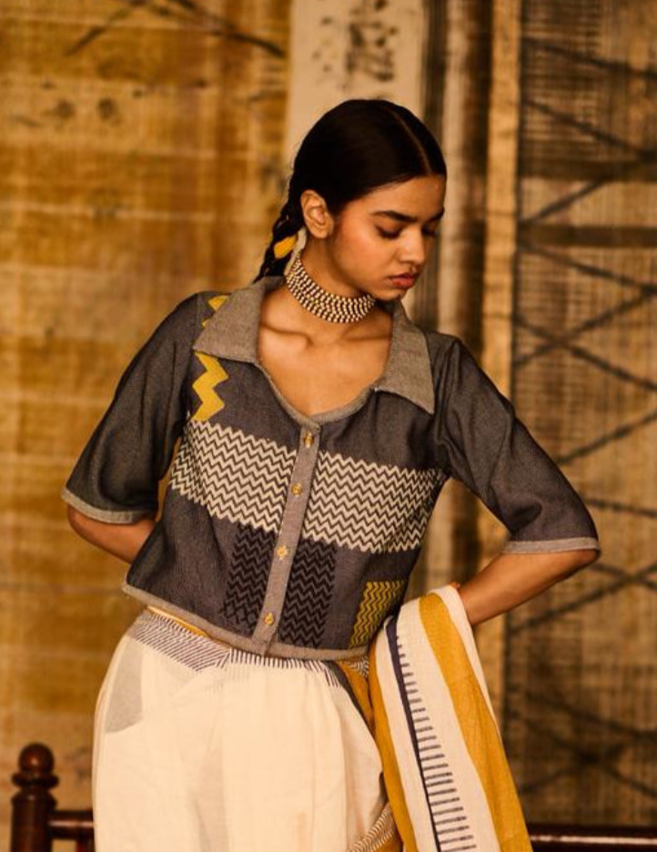 Denim Cotton Geometric Blouse with Collar