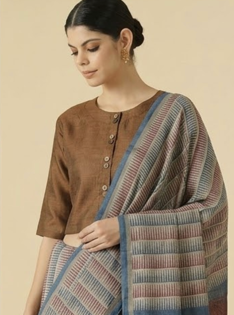 BrownTussar Blouse With Wooden Button