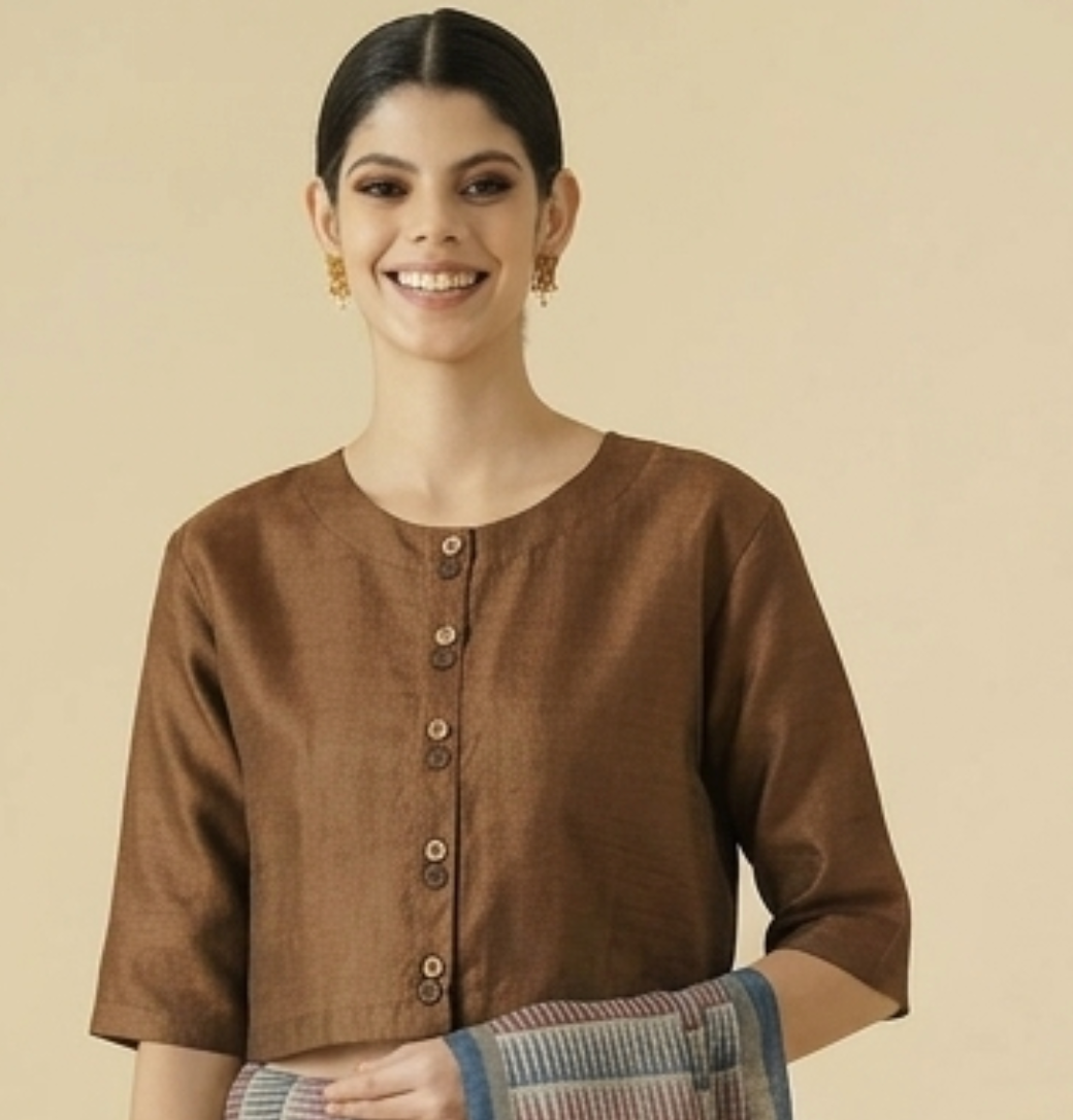 BrownTussar Blouse With Wooden Button