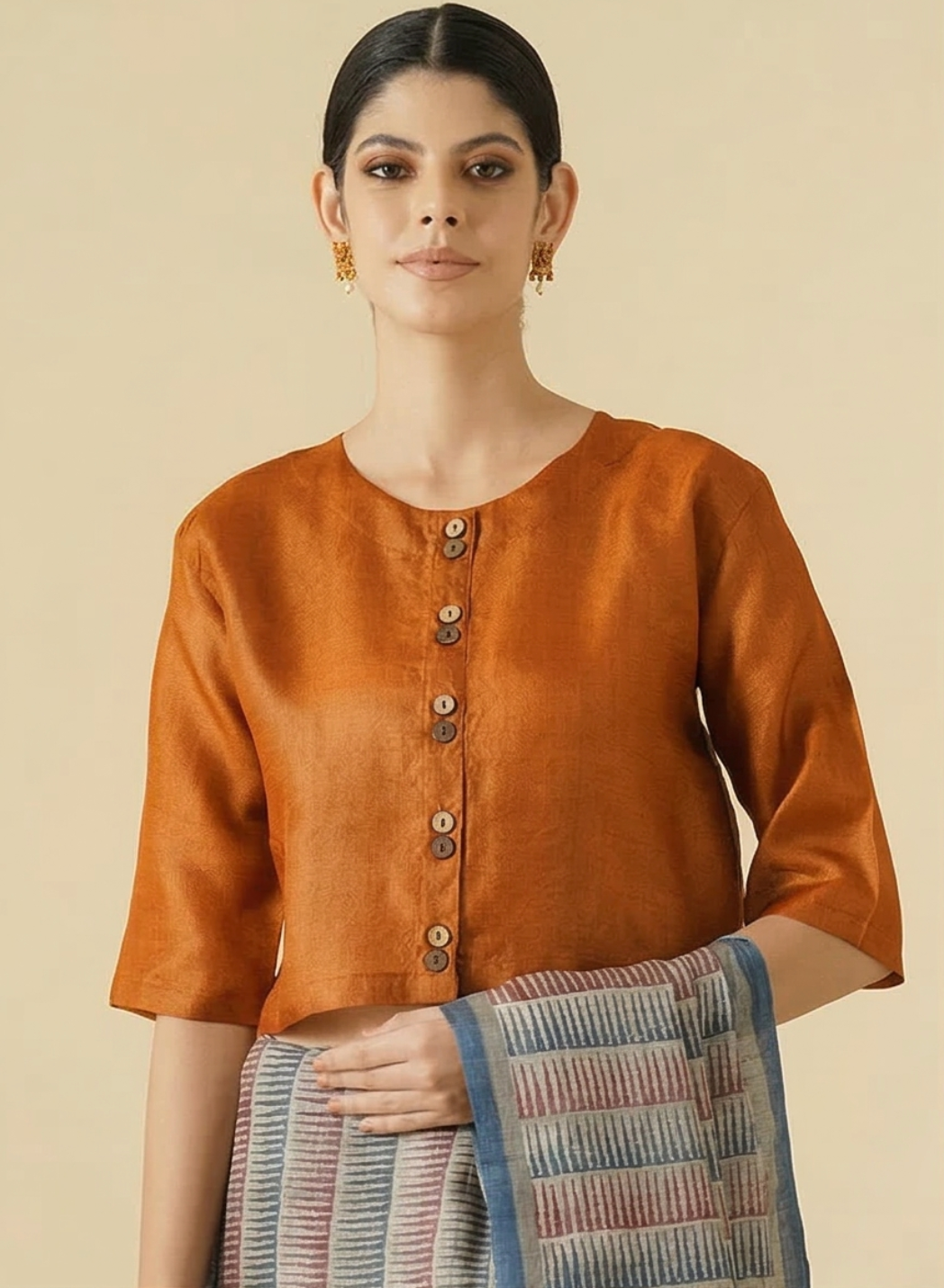 Rust Orange Tussar Blouse With Wooden Button
